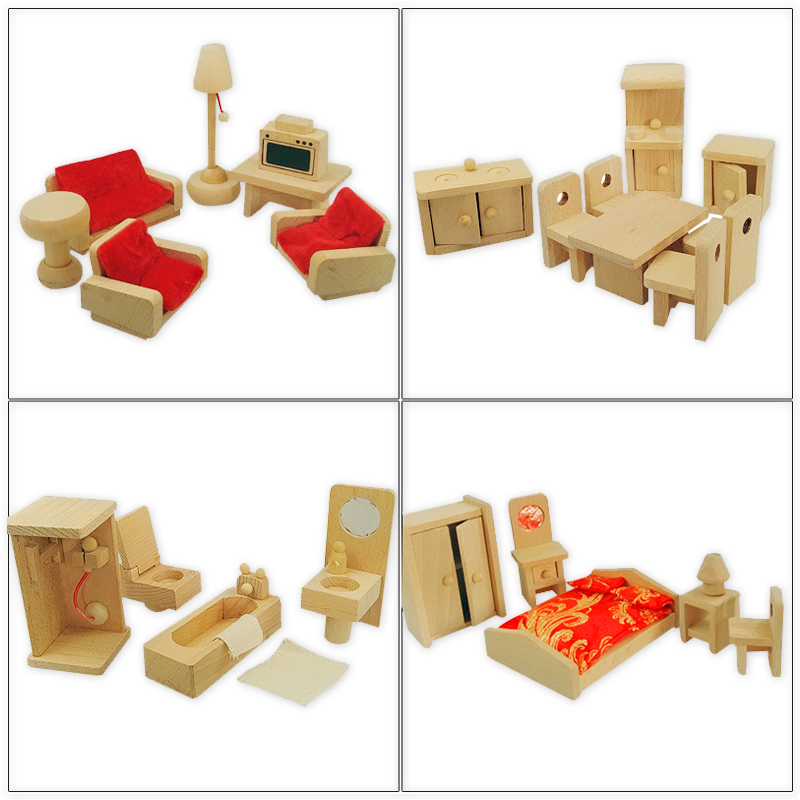자연 색상 나무 척 놀이 가구 세트 미니 캐비닛 책상 의자 욕실 침실 가구 어린이 놀이 집 게임 장난감